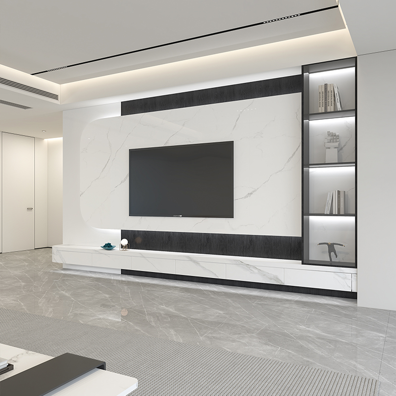 极速悬空岩板电视背景墙装饰大理石硬包灯光木格栅现代轻奢客厅沙