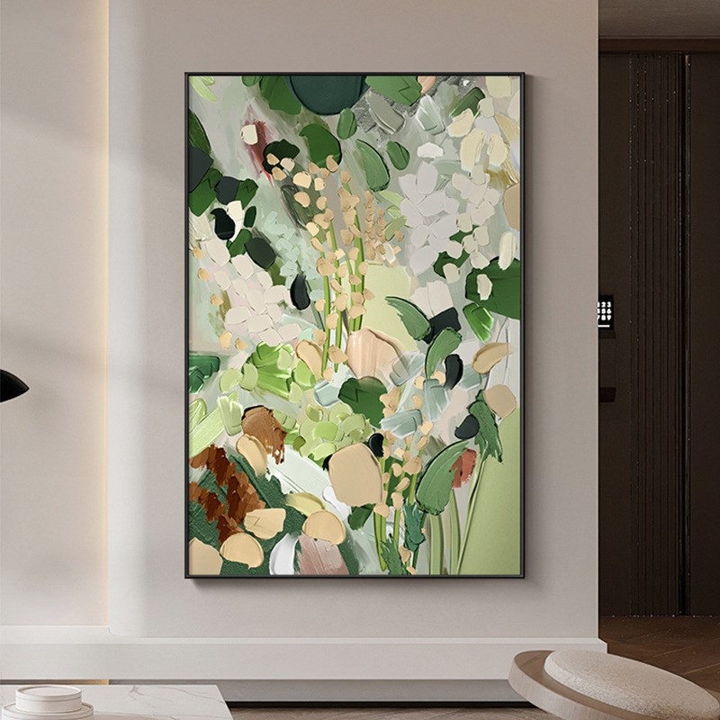 手绘油画侘寂风客厅装饰画沙发背景壁画肌理花卉立体玄关植物挂画图片
