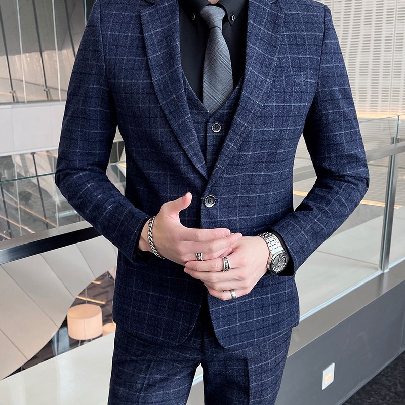工厂销男士休闲格l子西服套装韩版潮流商务正装西服外套修身新郎