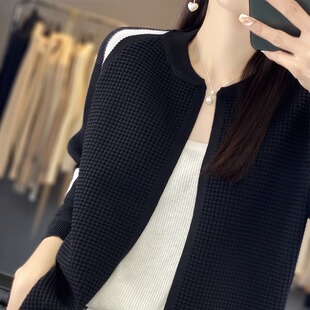 黑色棒球服外套女春秋2025新款宽松慵懒气质时尚显瘦针织长袖上衣