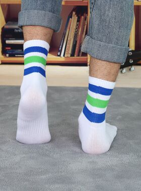 5双袜子男中筒条纹春夏季款运动潮流韩版个性日系吸汗白袜控