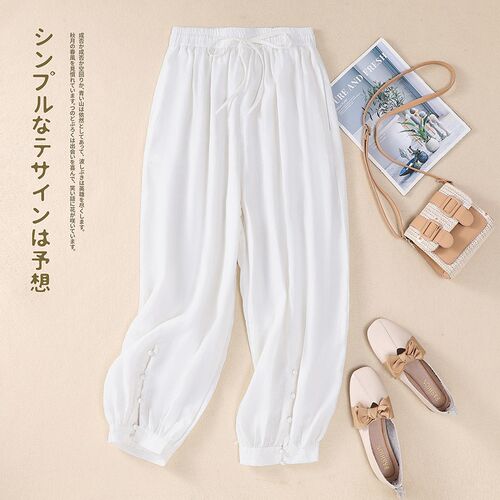 棉麻裤子女2023夏装新款麻料女装休闲裤亚麻女T裤妈妈苎麻哈伦裤