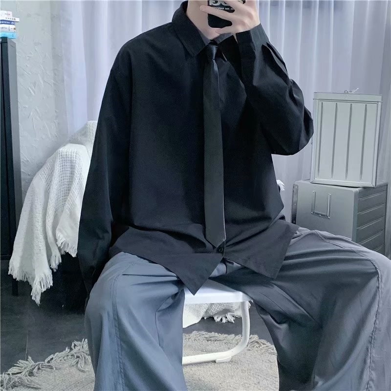 春季长袖衬衫男韩版潮流宽松学院风百搭白色衬衣情侣装学生打底衫