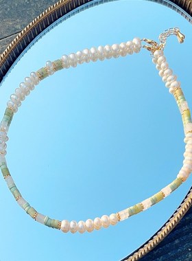 夏日度假风寿山石手工串珠项链短款锁骨链青碧色天然石珍珠颈链女