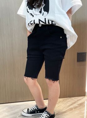 女童牛仔黑色小脚紧身短裤2024夏季新款宝宝建议百搭瘦版五分裤子