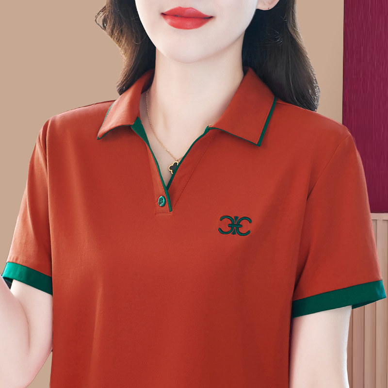 翻领纯棉短袖t恤女夏装2023新款T桖宽松大码体恤遮肚子显瘦POLO衫