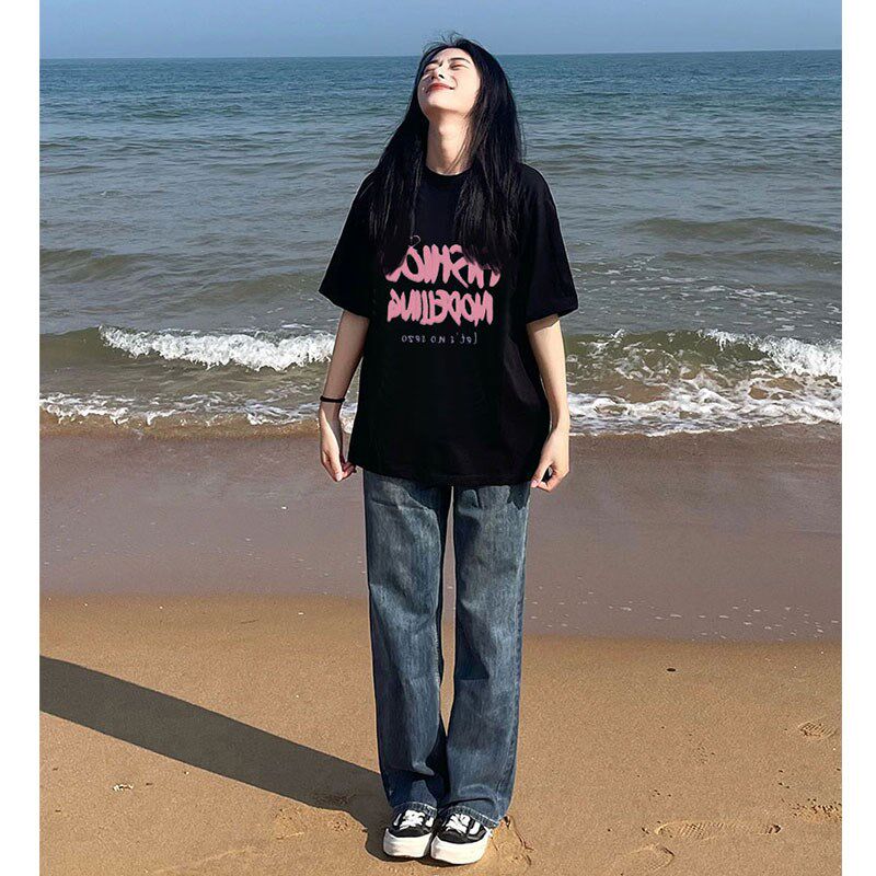 韩国洋气字母印花短袖t恤女2024夏季宽松百搭中长款显瘦减龄上衣
