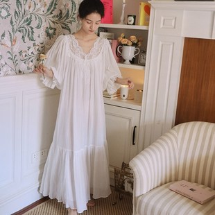 宫廷风纯棉睡裙女春季 家居服 长袖 甜美公主睡衣女蕾丝花边宽松大码