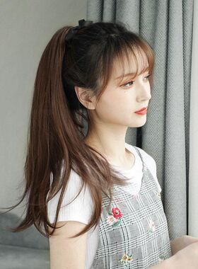 假发女绑带式微卷马尾 中长款直发辫子 逼真自然发尾卷假发片长发