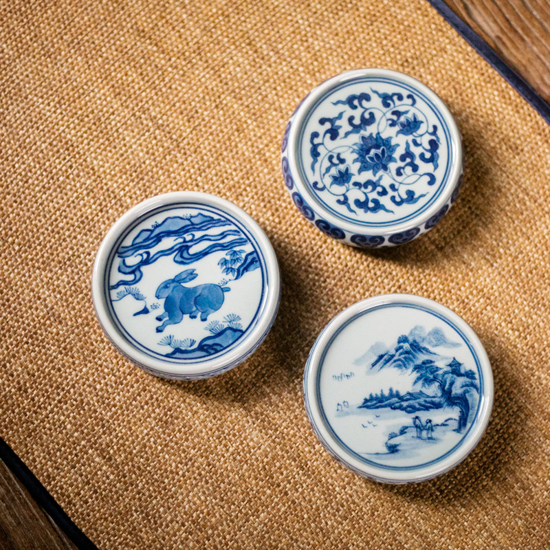 仿古陶瓷盖置手绘青花p松石山水盖托全手工茶托杯垫杯托壶盖托盖