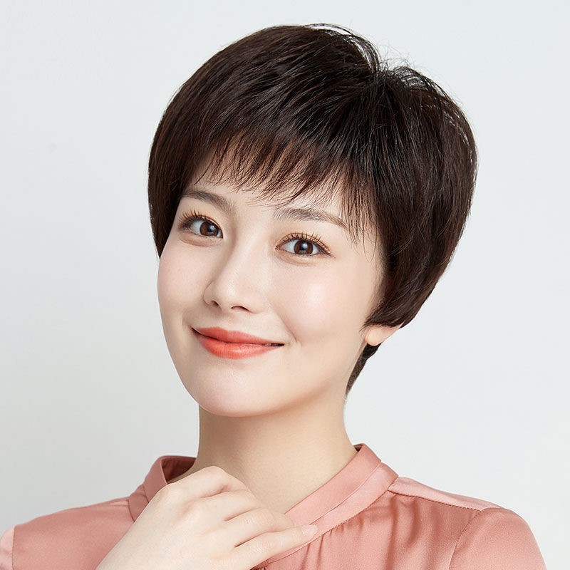 妈妈假发女短发全头套逼真整顶中老年遮白发真人发丝假头发女圆脸