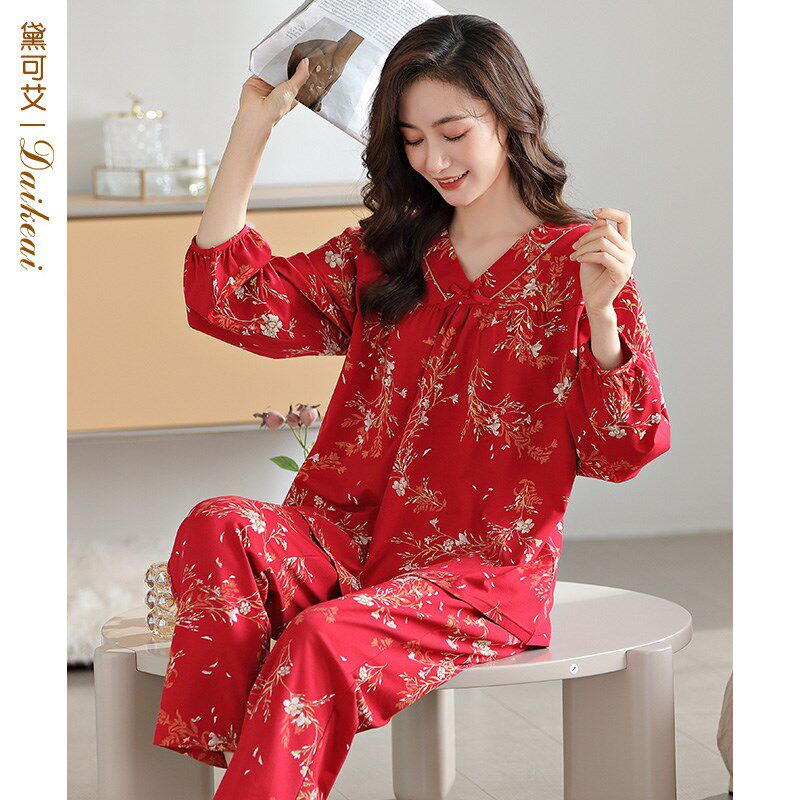 红色睡衣女春秋季长袖V领套头家居服中年妈妈大码本命年套装