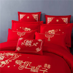 中式 婚庆四件组婚嫁纯棉大红色龙凤刺绣结婚床上用品磨毛被套床单