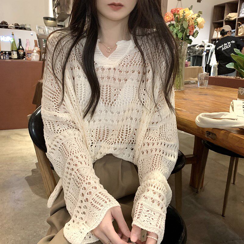 慵懒风镂空上衣韩版网衫女夏针织长袖套头薄款防晒衫吊带外搭罩衫