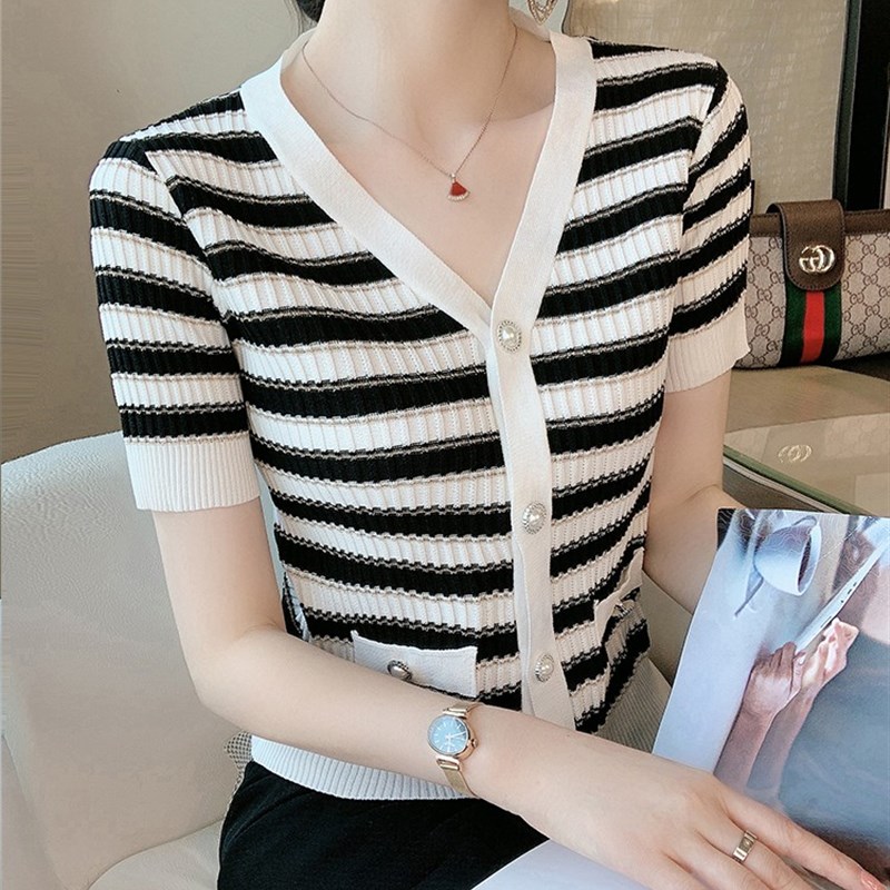 欧洲站冰丝针开衫女2022年夏季新款时尚显瘦v领条纹短袖t恤上衣潮
