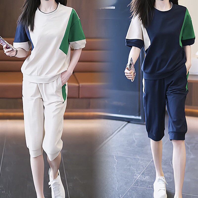 韩国2023年夏季新款大码女装短袖运动套装跑步宽松休闲拼色两件套