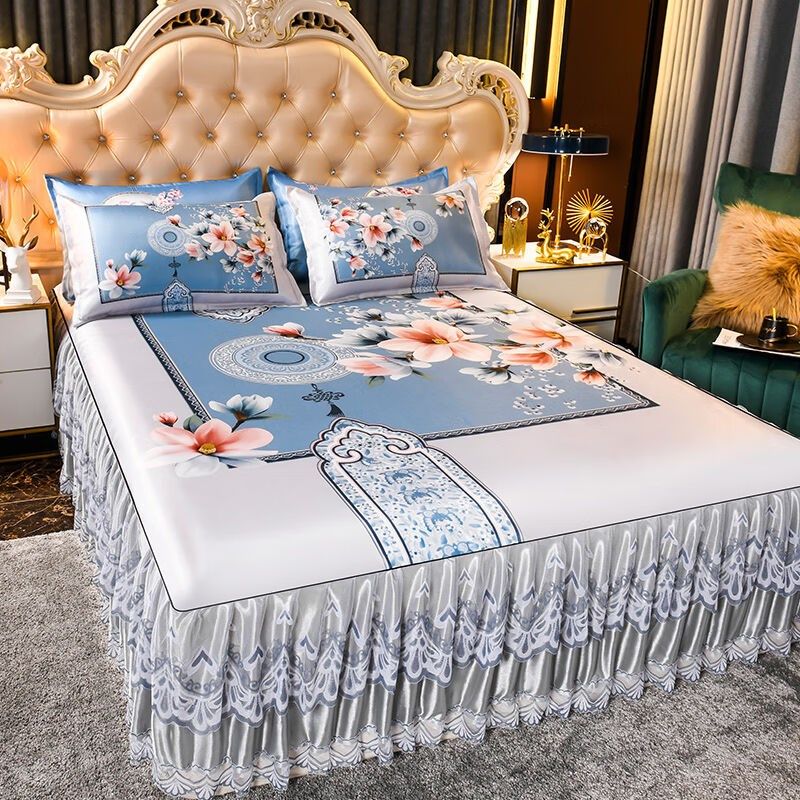 新款夏季冰丝凉席三件套床裙款空调软席子蕾丝花边1.8m可水洗机洗,床上用品,冰丝席,淘宝优惠券,粉丝福利购,淘宝优惠卷