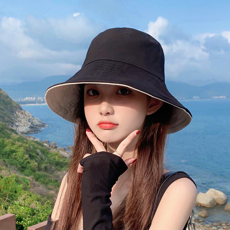 夏季防晒双面帽子渔夫帽女黑色秋季可折叠两面戴遮阳帽韩版潮百搭
