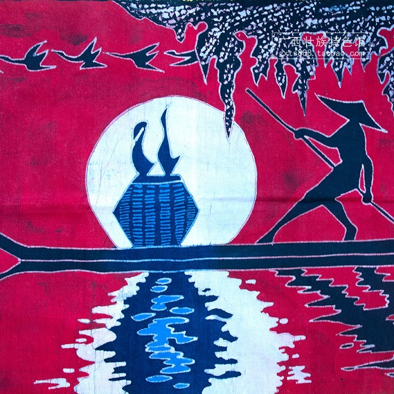 广西漓江鱼民装饰画 红色壁画蜡染手绘少数民族民俗风情客厅挂画图片