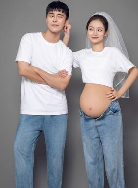 新款影楼孕妇情侣摄影服饰韩版写真服装时尚艺术照衣服拍照牛仔服