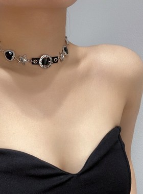 甜酷辣妹风美式镶钻爱心蝴蝶项链女轻奢高级感时尚U气质百搭锁骨