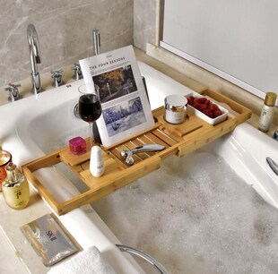 Bamboo Bathtub Tray Shower Wine Glass   Book Holder Bathtub