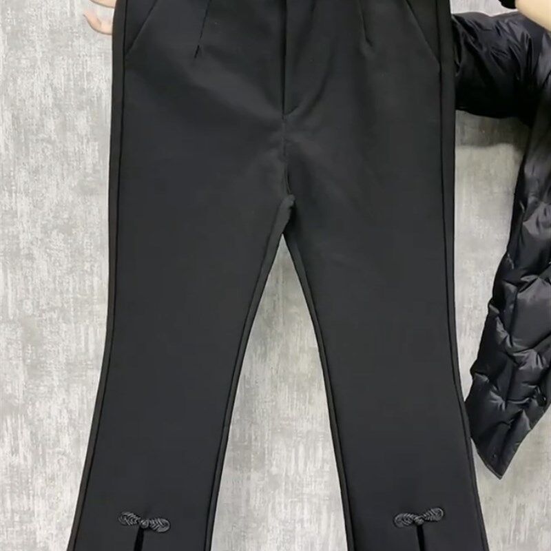 黑色小西裤女2024春秋新款韩版裤脚拼H接蕾丝开叉盘扣微喇叭裤九