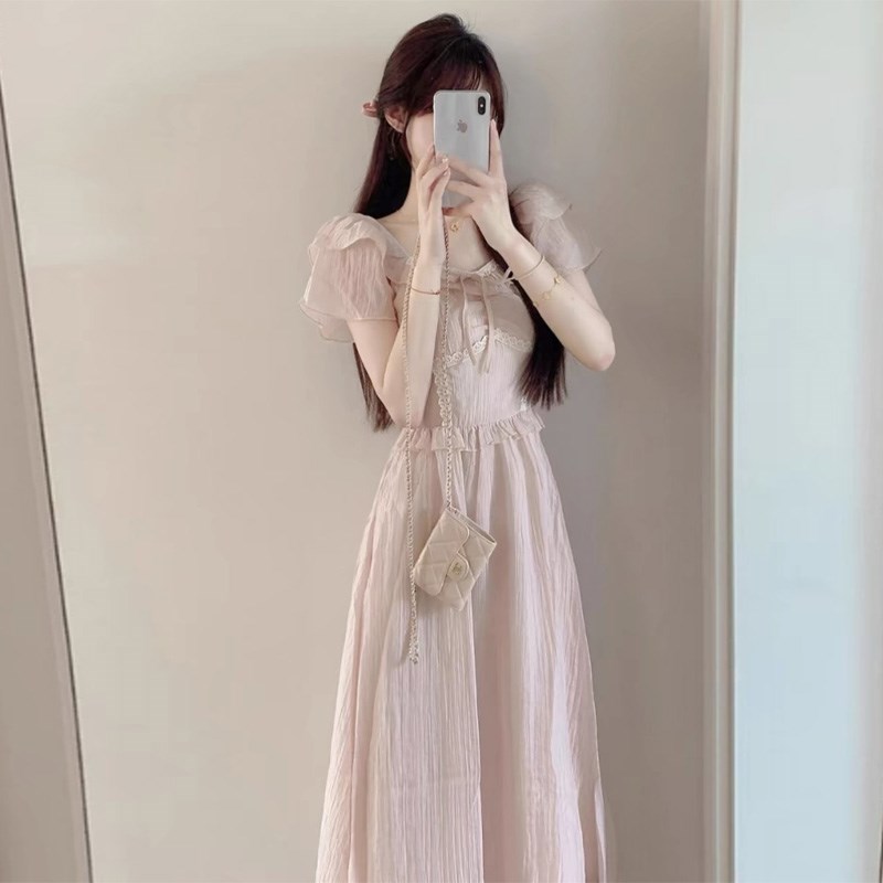 现货夏季女装2024新款微胖mm显瘦知识分子长裙遮手臂法式气质连衣
