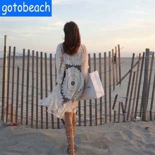 沙滩外套泳衣外搭罩衫 开衫 沙滩衣女 中长款 海边渡假蕾丝宽松七分袖