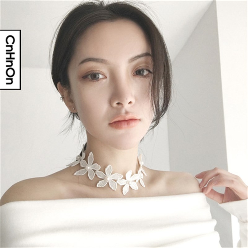 高货现货速发少女心甜美chocker项链女短锁骨链颈带蕾丝花形珍珠