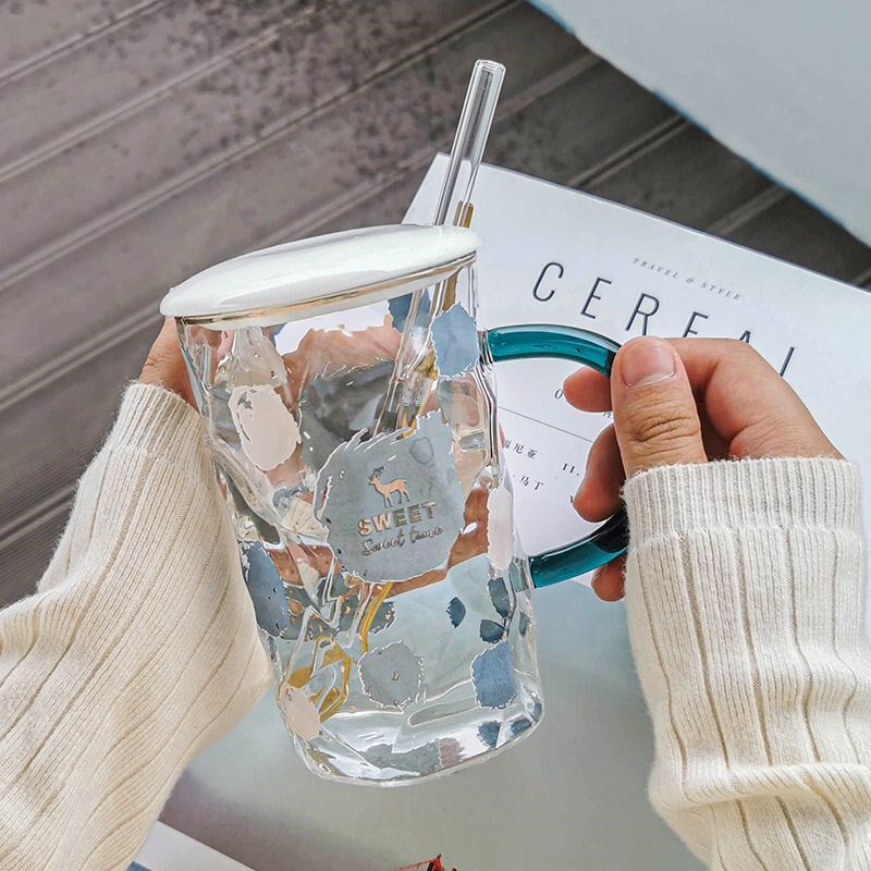 超大容量玻璃水杯女生夏天家用办公室杯子带盖勺玻璃杯透明带吸管