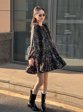 黑色长袖孕妇连衣裙碎花裙2024春夏百搭宽松孕妇裙春秋孕妇雪纺裙