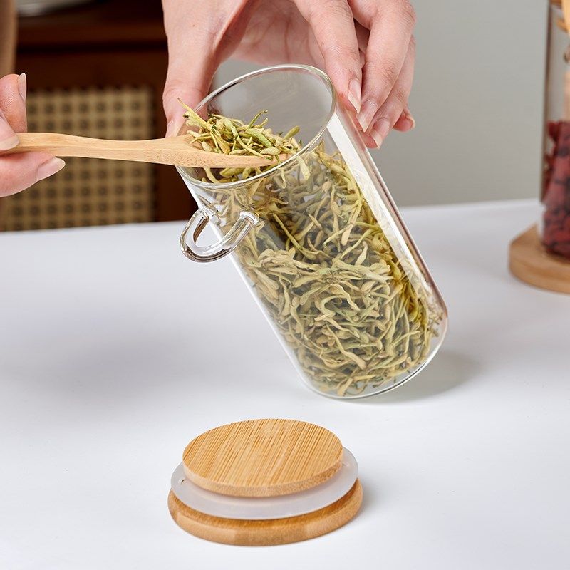 玻璃花茶叶储存罐茶叶罐食品收纳罐透明密封罐储物罐空瓶子带勺