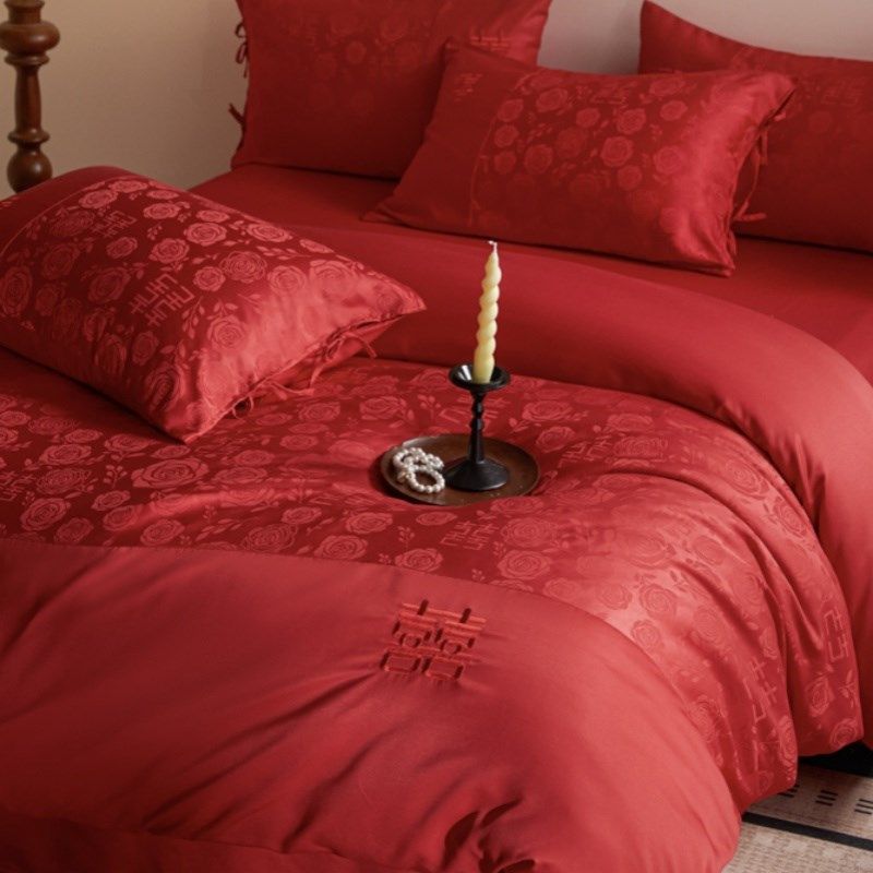 中式喜字结婚四件套大红色新婚床单被套纯棉婚庆床上用品婚房陪嫁,床上用品,婚庆床品套件,淘宝优惠券,粉丝福利购,淘宝优惠卷