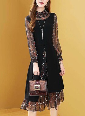大码女装2023春l秋时尚气质新款修身假两件中长款雪纺碎花连衣裙