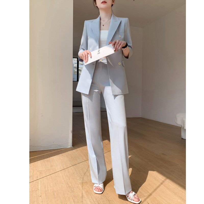 蓝色夏季西装套装女薄款2024新款高级感职业气质阔腿裤休闲小西服