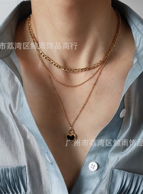 XL216 欧美时尚雕刻爱心锁头黑色白贝壳项链锁P骨链 钛钢镀18K金