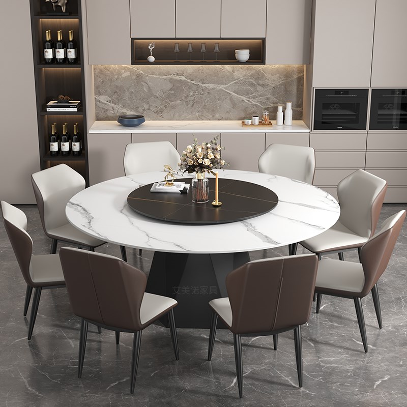 意式轻奢岩板餐桌椅组合家用带转盘圆形大理石饭桌1.8米酒店10人