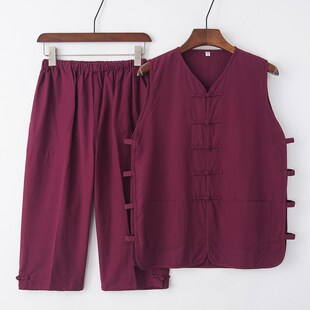 夏季唐装男中式背心马甲套装 纯棉粗布短裤五分裤 中国风汗衫汉服