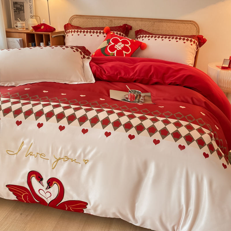 公主风结婚四件套大红新婚纯棉刺绣被套床笠女方陪嫁婚庆床上用品,床上用品,婚庆床品套件,淘宝优惠券,粉丝福利购,淘宝优惠卷