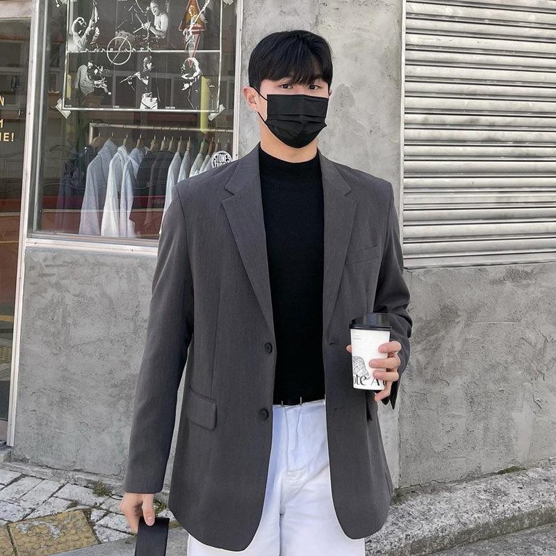 灰色休闲西装外套男士韩版宽松潮流平驳领春秋季韩系穿搭单件上衣
