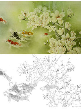工笔画白描底稿实物勾线打印稿龚雪青玉兰鲤鱼玉堂锦绣XQ62