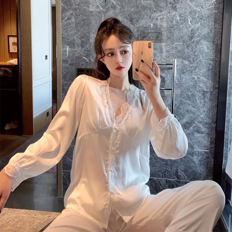 很仙的春秋季法式宫廷泡泡袖冰丝睡衣女蕾丝套装甜美丝绸家居服薄
