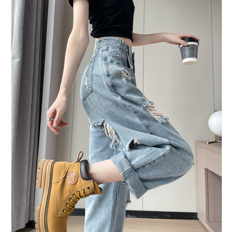 高腰破洞牛仔裤女小个子夏季薄款2023年新款宽松设计感老爹哈伦裤