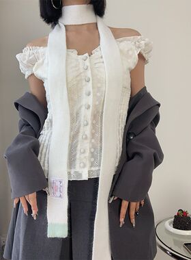 韩系细长条灰色围巾女秋冬复古百搭薄款领巾针织毛线窄版护颈围脖