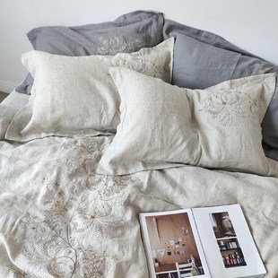 轻奢高级感亚麻重工刺绣床上四件套裸睡舒适凉爽床单被套飞边枕套