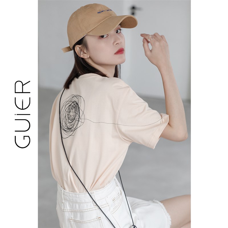 现货「GUIER」线条刺绣t恤女20B21年新款夏季宽松短袖网红上衣ins