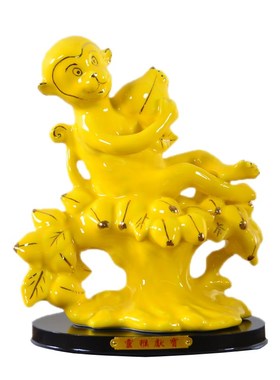 黄色陶瓷猴子摆件十二生肖猴一对招财风水镇宅家居客厅书房摆设品