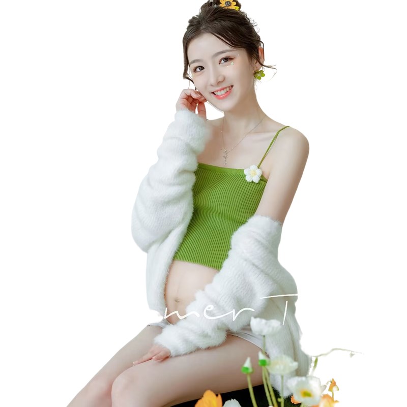新款影楼孕妇主题服装日系准妈妈拍照I清新时尚宽松针织孕妇照衣