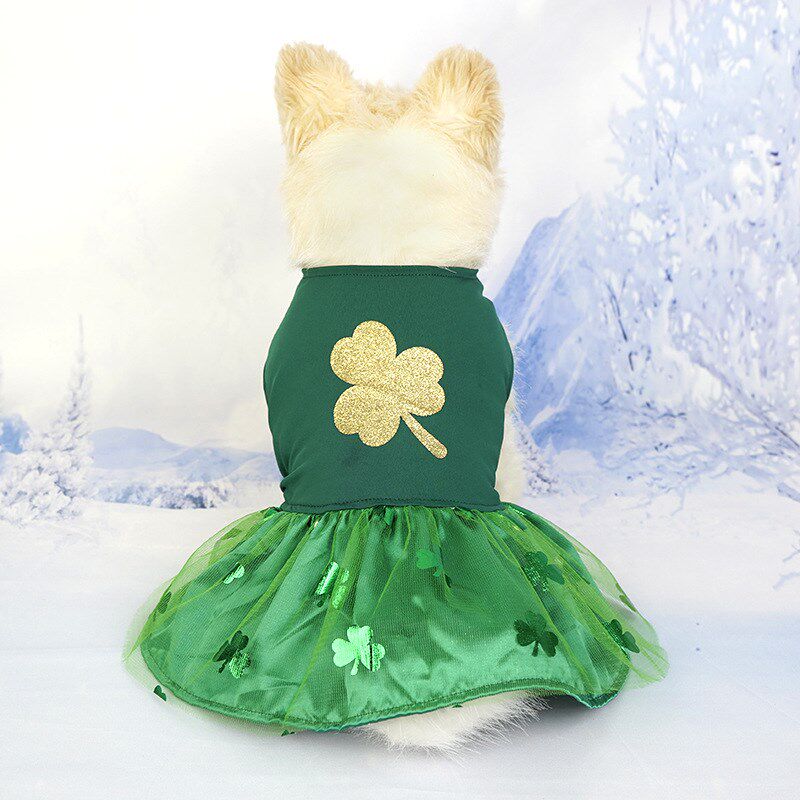 现货圣帕特里克节宠物狗衣服狗狗猫咪爱尔兰裙子三叶色网纱跨境爆